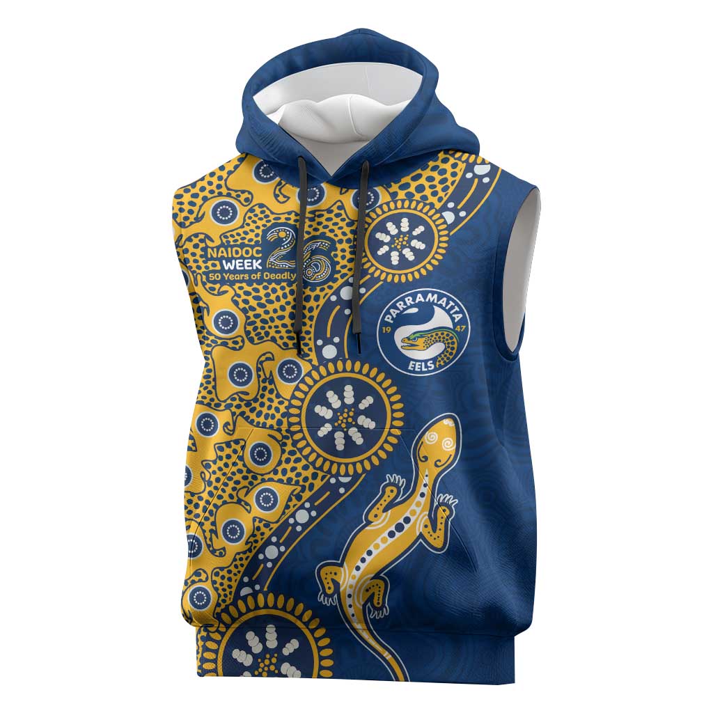 Parramatta Eels NAIDOC Week 2026 Sleeveless Hoodie Aboriginal Lizard Dot Painting - 50 Years of Deadly