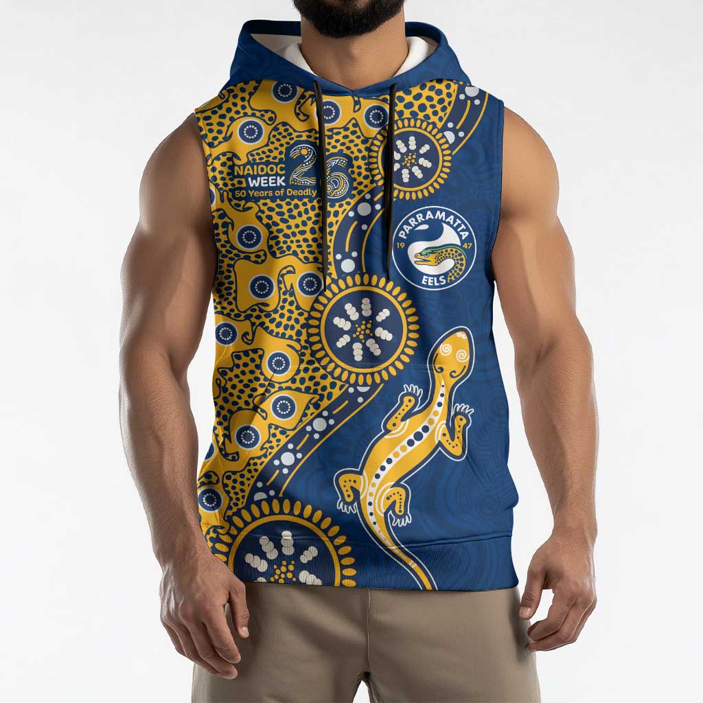Parramatta Eels NAIDOC Week 2026 Sleeveless Hoodie Aboriginal Lizard Dot Painting - 50 Years of Deadly