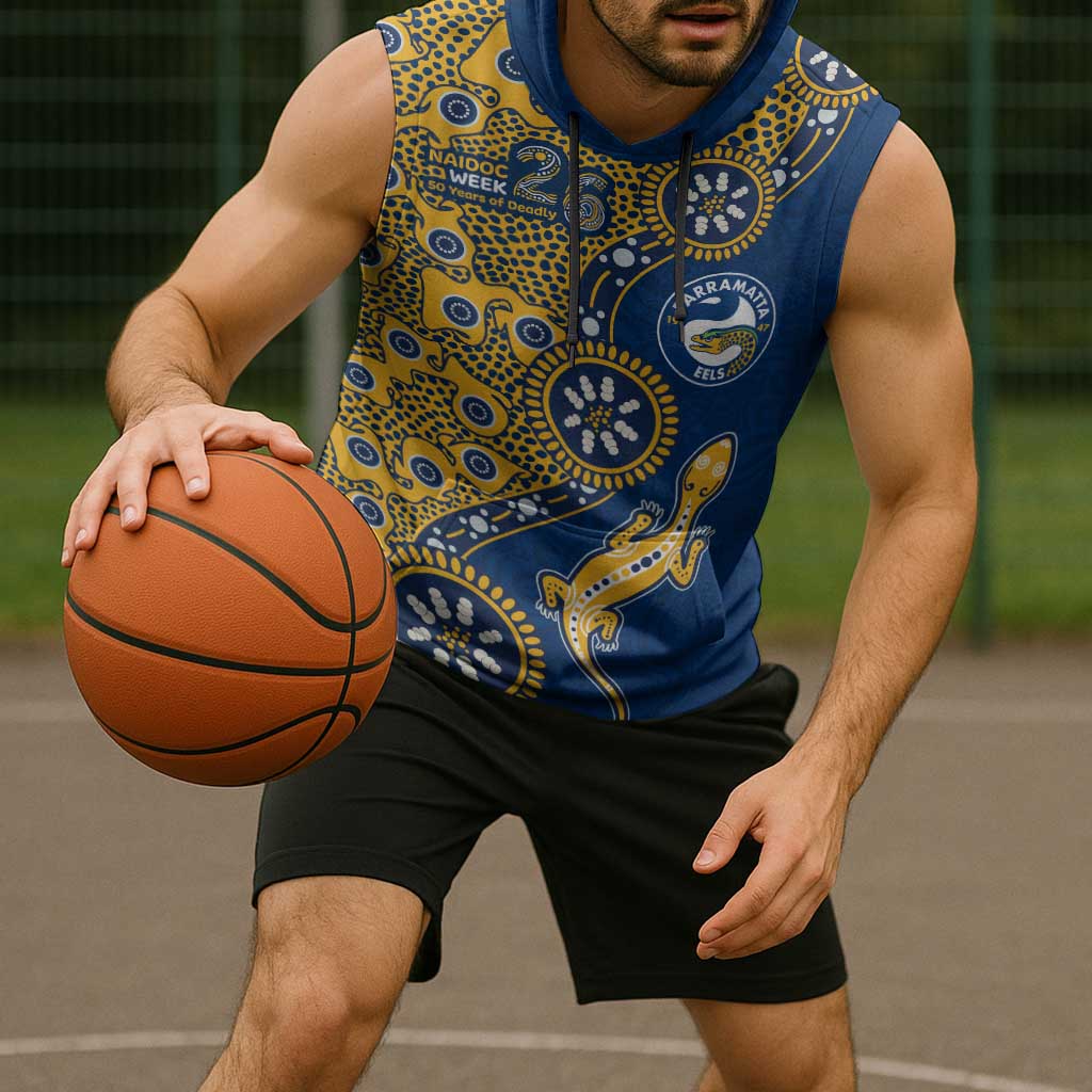 Parramatta Eels NAIDOC Week 2026 Sleeveless Hoodie Aboriginal Lizard Dot Painting - 50 Years of Deadly