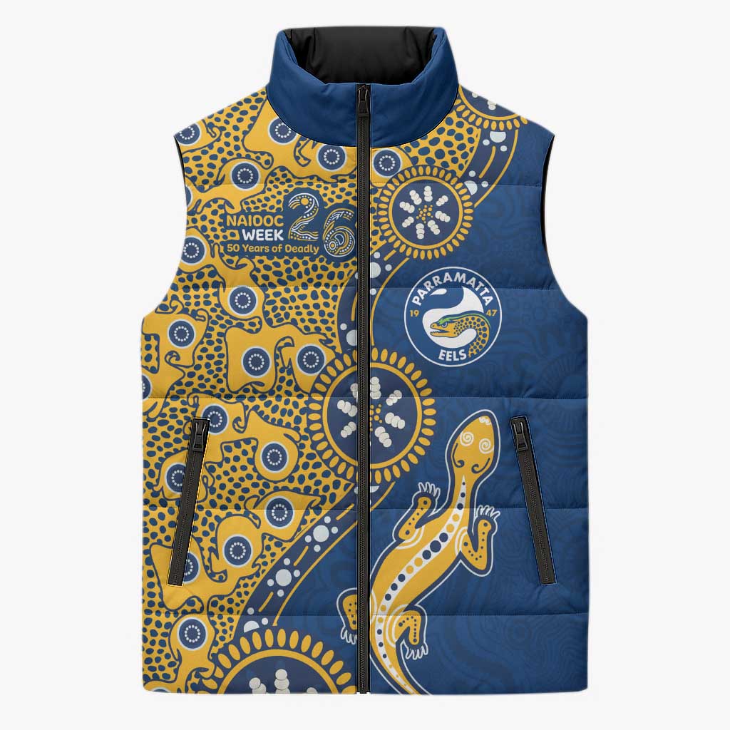 Parramatta Eels NAIDOC Week 2026 Sleeveless Puffer Jacket Aboriginal Lizard Dot Painting - 50 Years of Deadly