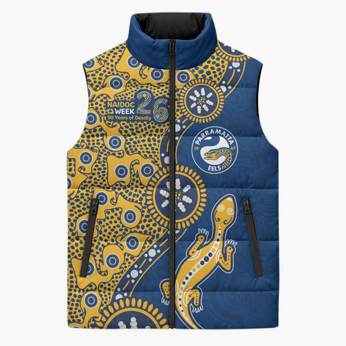 Parramatta Eels NAIDOC Week 2026 Sleeveless Puffer Jacket Aboriginal Lizard Dot Painting - 50 Years of Deadly