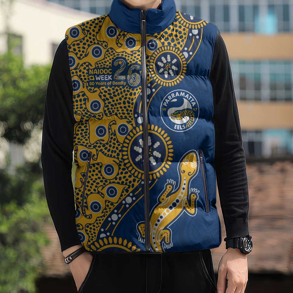 Parramatta Eels NAIDOC Week 2026 Sleeveless Puffer Jacket Aboriginal Lizard Dot Painting - 50 Years of Deadly