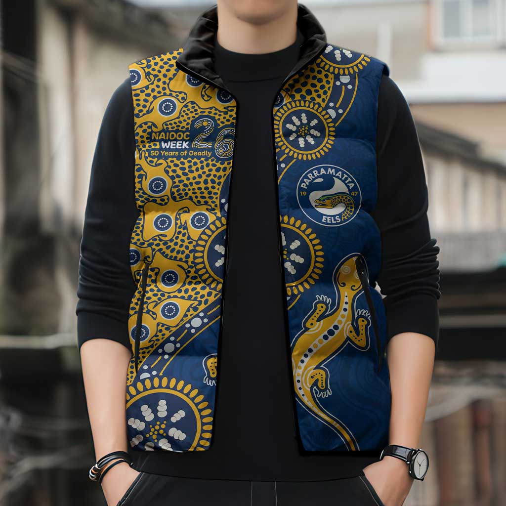 Parramatta Eels NAIDOC Week 2026 Sleeveless Puffer Jacket Aboriginal Lizard Dot Painting - 50 Years of Deadly