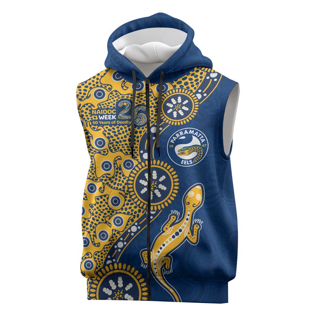 Parramatta Eels NAIDOC Week 2026 Sleeveless Zip Hoodie Aboriginal Lizard Dot Painting - 50 Years of Deadly