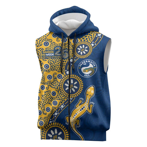 Parramatta Eels NAIDOC Week 2026 Sleeveless Zip Hoodie Aboriginal Lizard Dot Painting - 50 Years of Deadly