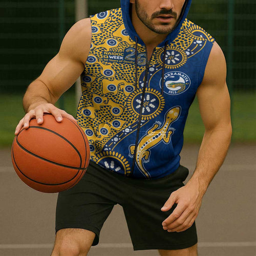 Parramatta Eels NAIDOC Week 2026 Sleeveless Zip Hoodie Aboriginal Lizard Dot Painting - 50 Years of Deadly