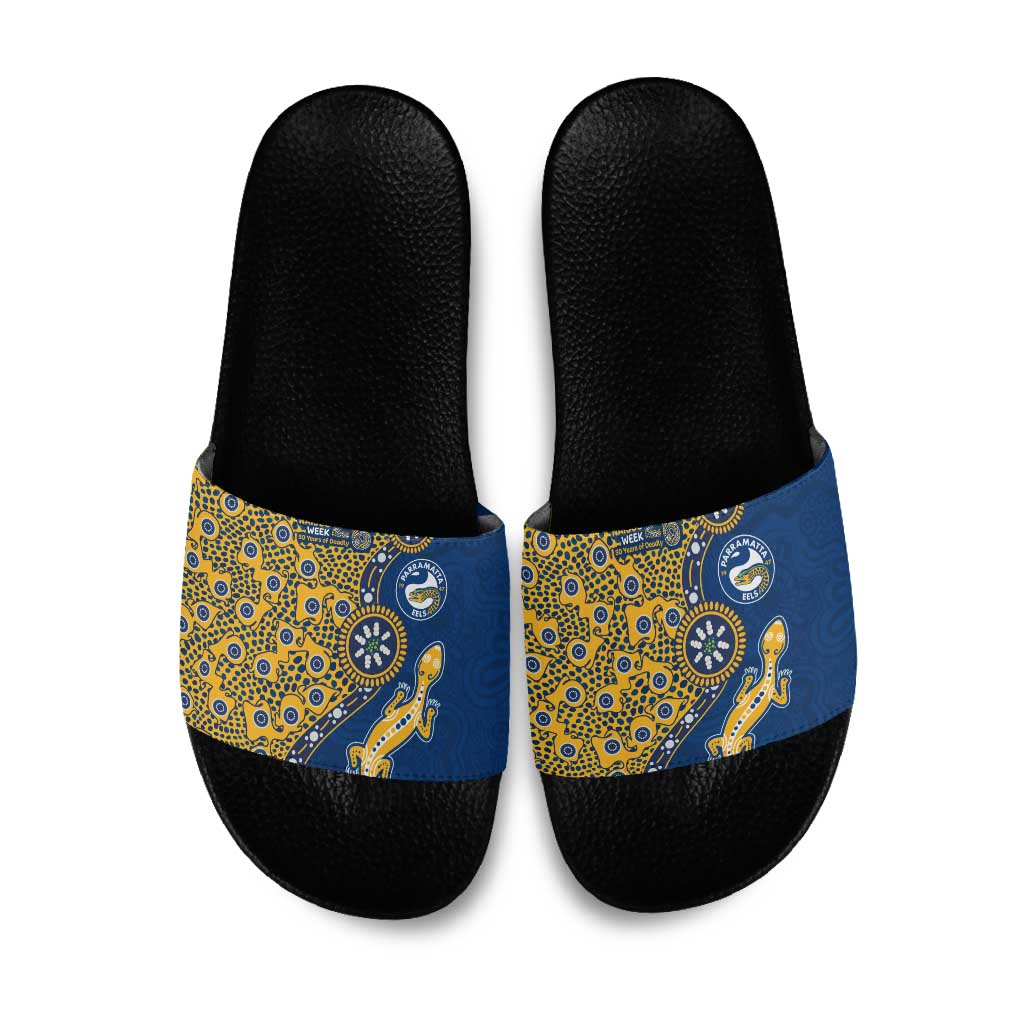 Parramatta Eels NAIDOC Week 2026 Slide Sandals Aboriginal Lizard Dot Painting - 50 Years of Deadly