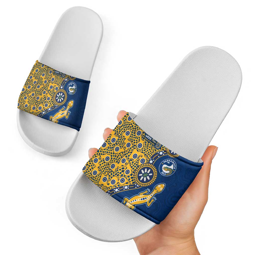 Parramatta Eels NAIDOC Week 2026 Slide Sandals Aboriginal Lizard Dot Painting - 50 Years of Deadly