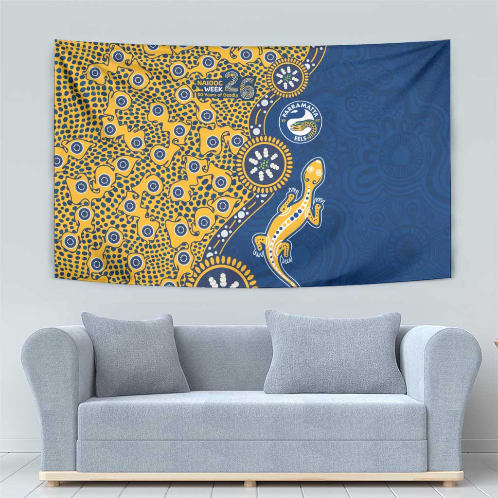 Parramatta Eels NAIDOC Week 2026 Tapestry Aboriginal Lizard Dot Painting - 50 Years of Deadly