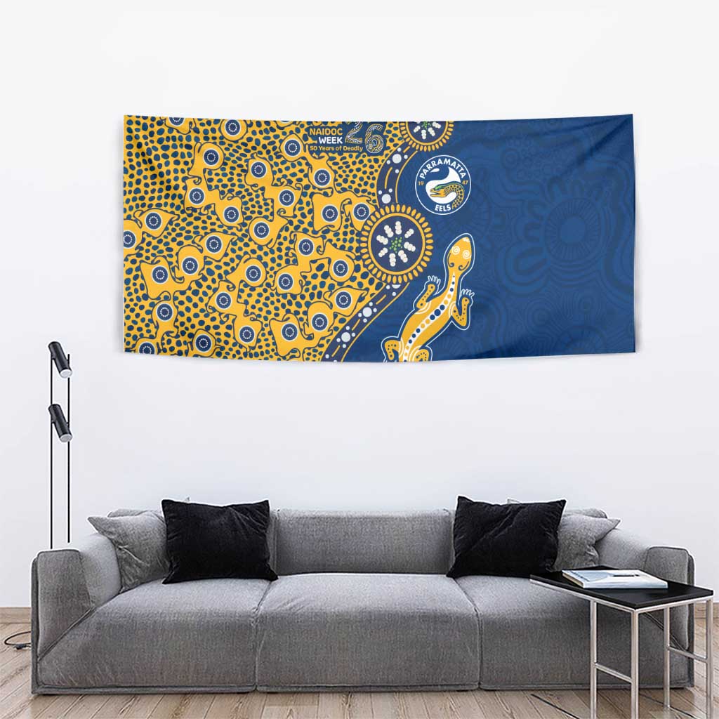 Parramatta Eels NAIDOC Week 2026 Tapestry Aboriginal Lizard Dot Painting - 50 Years of Deadly