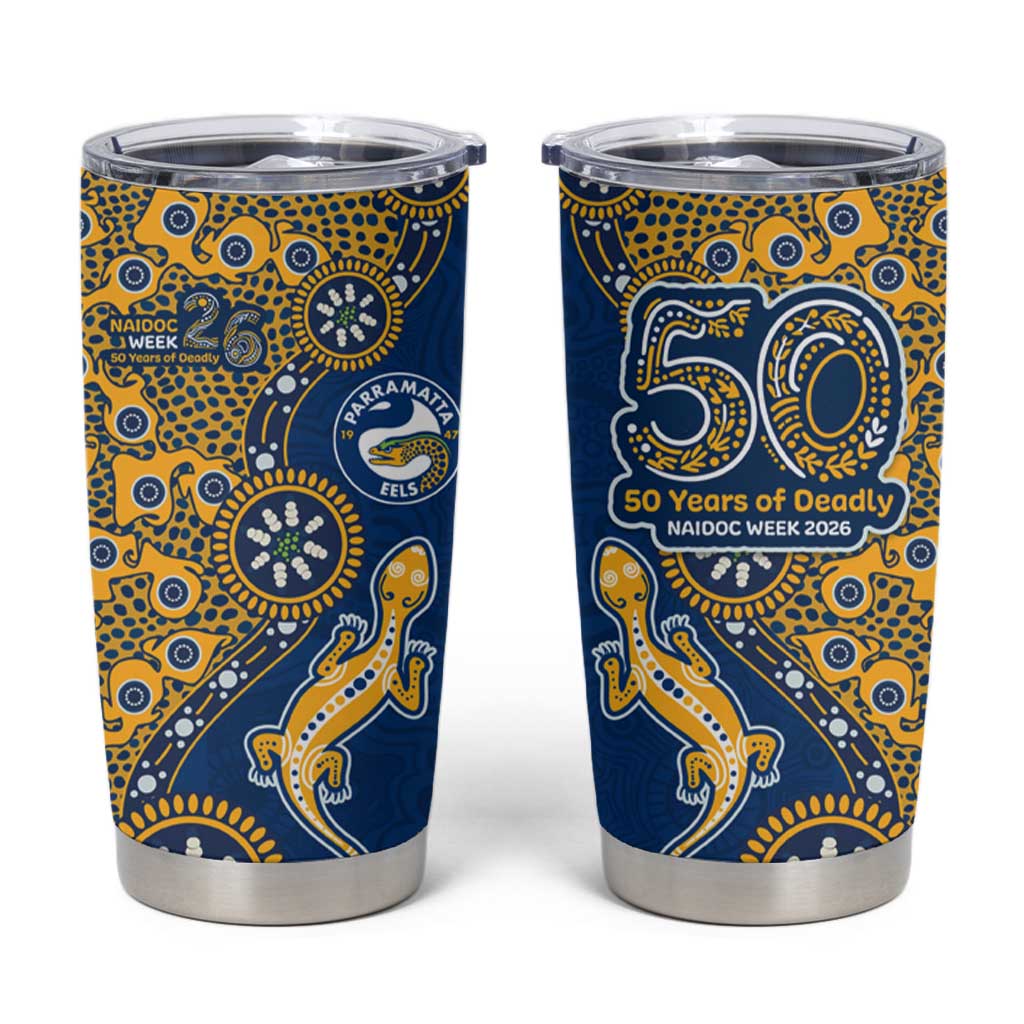 Parramatta Eels NAIDOC Week 2026 Tumbler Cup Aboriginal Lizard Dot Painting - 50 Years of Deadly
