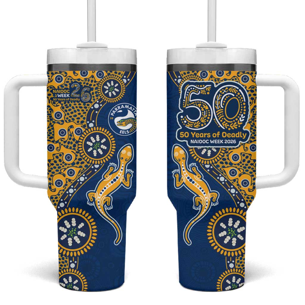 Parramatta Eels NAIDOC Week 2026 Tumbler With Handle Aboriginal Lizard Dot Painting - 50 Years of Deadly