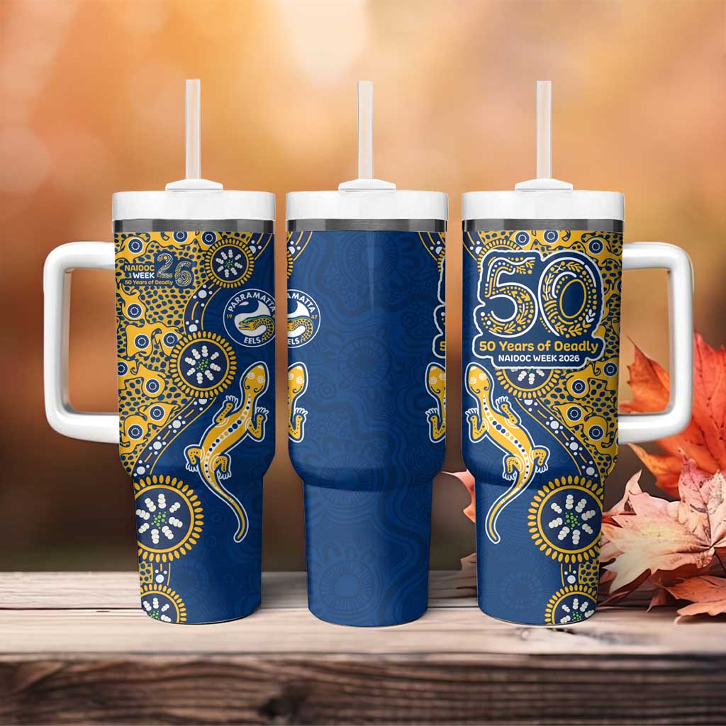Parramatta Eels NAIDOC Week 2026 Tumbler With Handle Aboriginal Lizard Dot Painting - 50 Years of Deadly