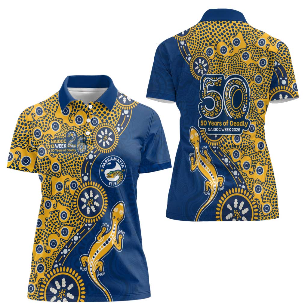 Parramatta Eels NAIDOC Week 2026 Women Polo Shirt Aboriginal Lizard Dot Painting - 50 Years of Deadly