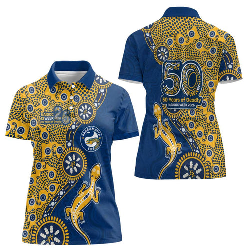 Parramatta Eels NAIDOC Week 2026 Women Polo Shirt Aboriginal Lizard Dot Painting - 50 Years of Deadly