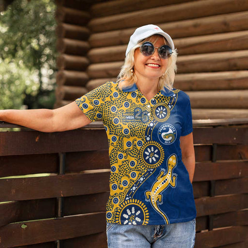 Parramatta Eels NAIDOC Week 2026 Women Polo Shirt Aboriginal Lizard Dot Painting - 50 Years of Deadly