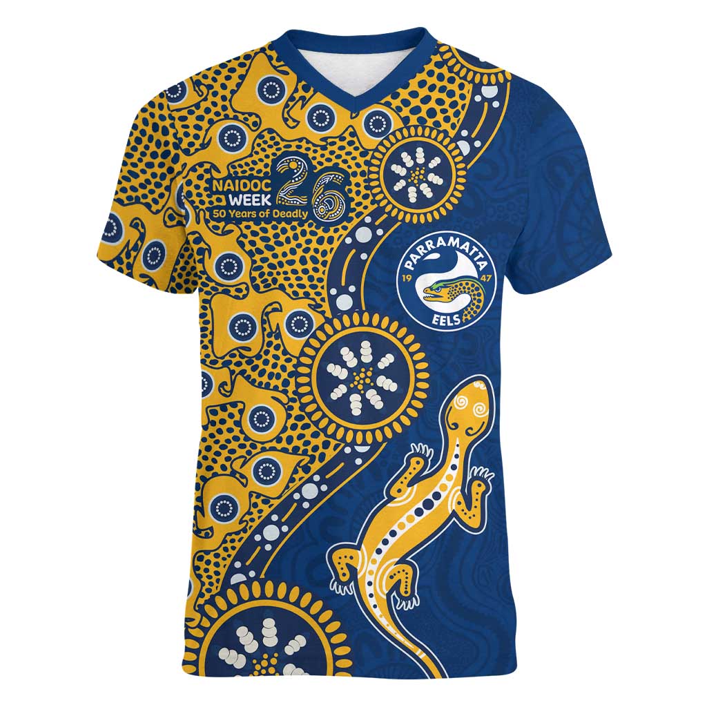 Parramatta Eels NAIDOC Week 2026 Women V-Neck T-Shirt Aboriginal Lizard Dot Painting - 50 Years of Deadly