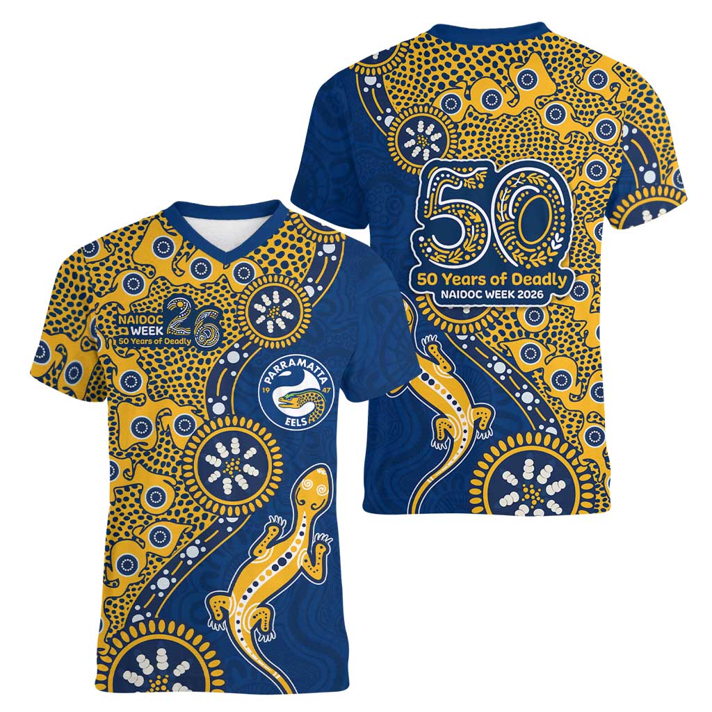 Parramatta Eels NAIDOC Week 2026 Women V-Neck T-Shirt Aboriginal Lizard Dot Painting - 50 Years of Deadly