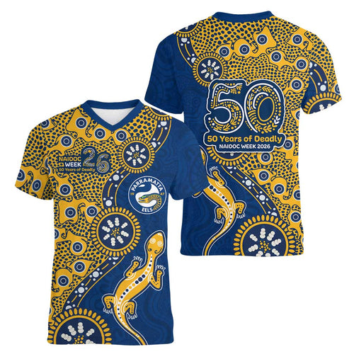 Parramatta Eels NAIDOC Week 2026 Women V-Neck T-Shirt Aboriginal Lizard Dot Painting - 50 Years of Deadly