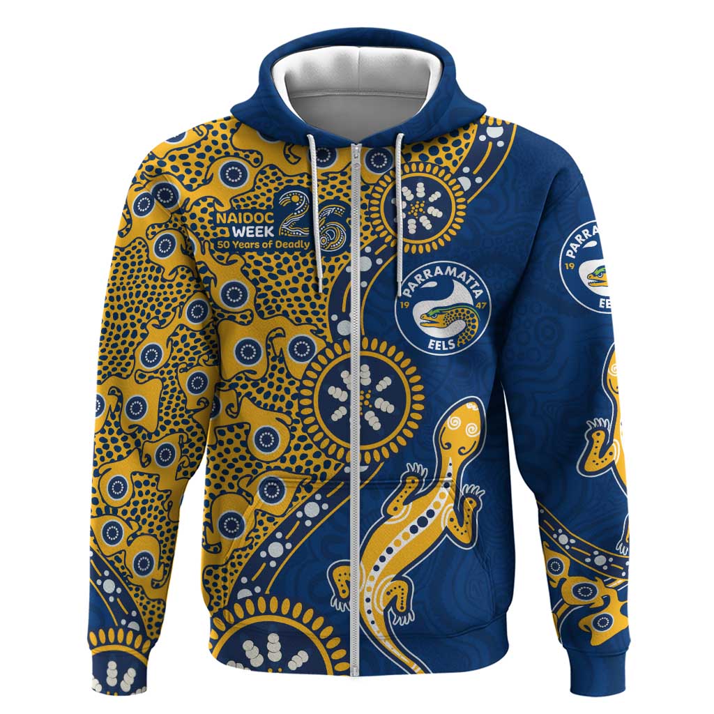 Parramatta Eels NAIDOC Week 2026 Zip Hoodie Aboriginal Lizard Dot Painting - 50 Years of Deadly