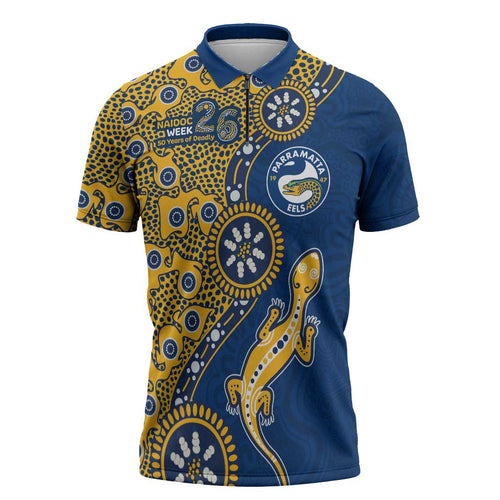 Parramatta Eels NAIDOC Week 2026 Zipper Polo Shirt Aboriginal Lizard Dot Painting - 50 Years of Deadly