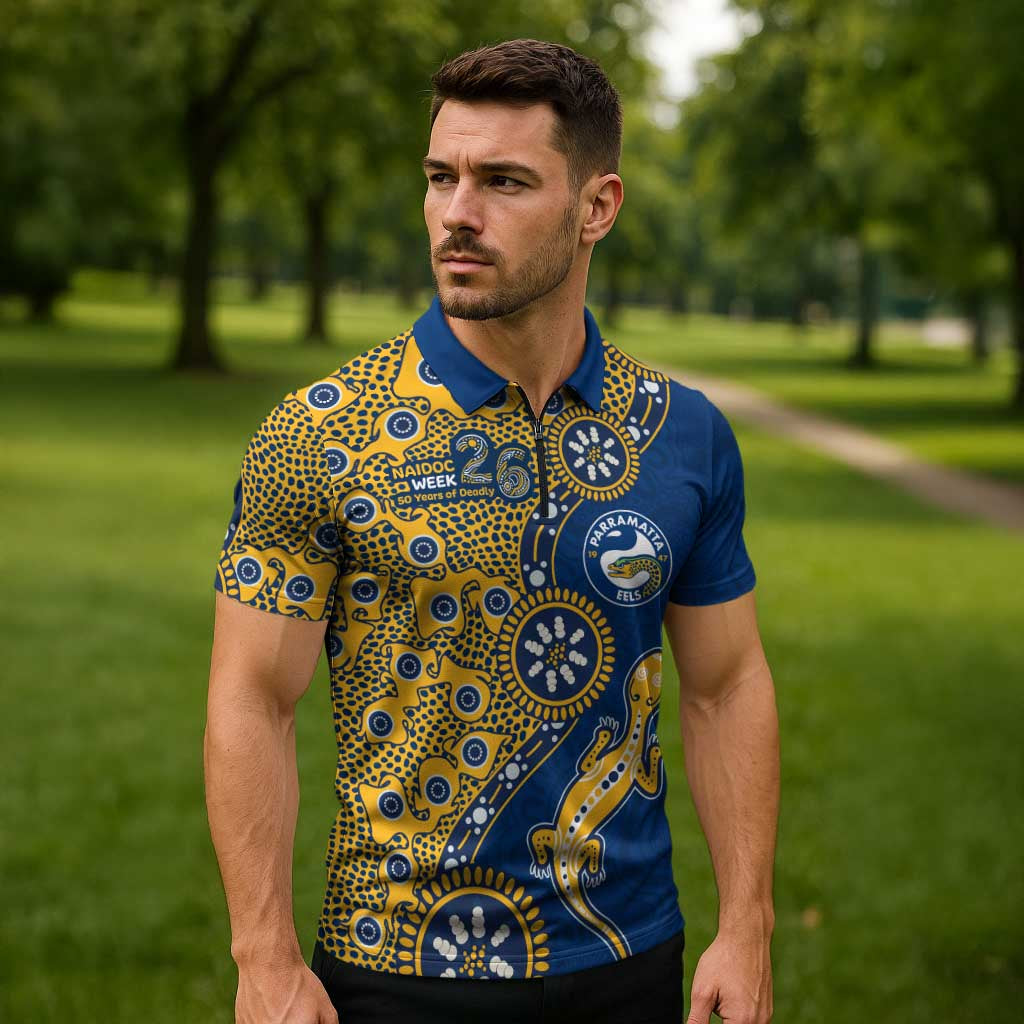 Parramatta Eels NAIDOC Week 2026 Zipper Polo Shirt Aboriginal Lizard Dot Painting - 50 Years of Deadly