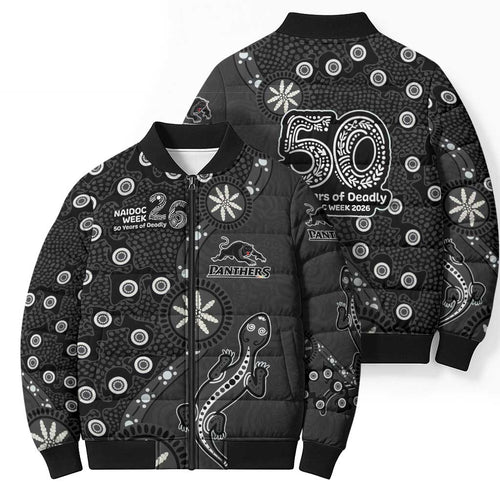 Penrith Panthers NAIDOC Week 2026 Bomber Puffer Jacket Aboriginal Lizard Dot Painting - 50 Years of Deadly
