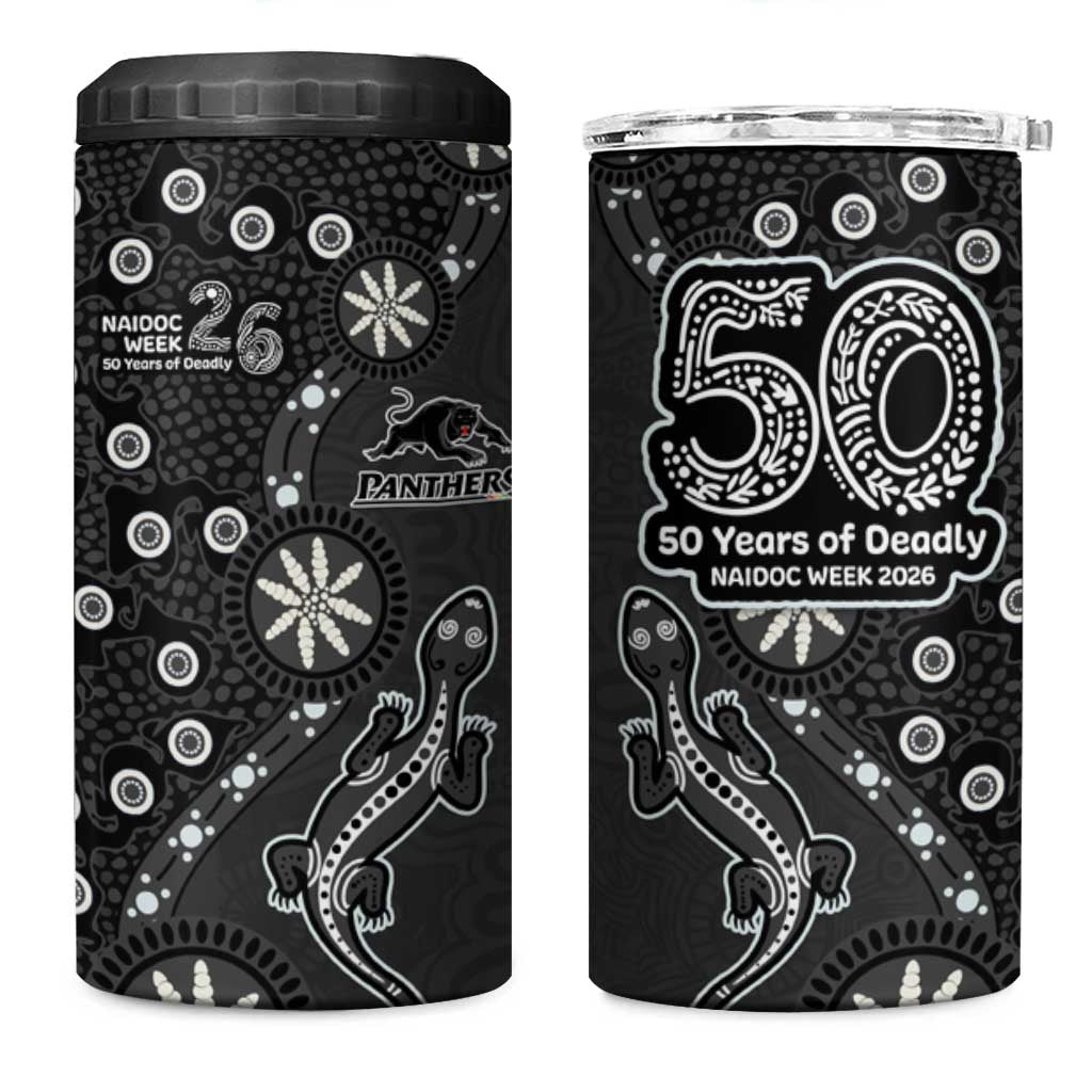 Penrith Panthers NAIDOC Week 2026 4 in 1 Can Cooler Tumbler Aboriginal Lizard Dot Painting - 50 Years of Deadly
