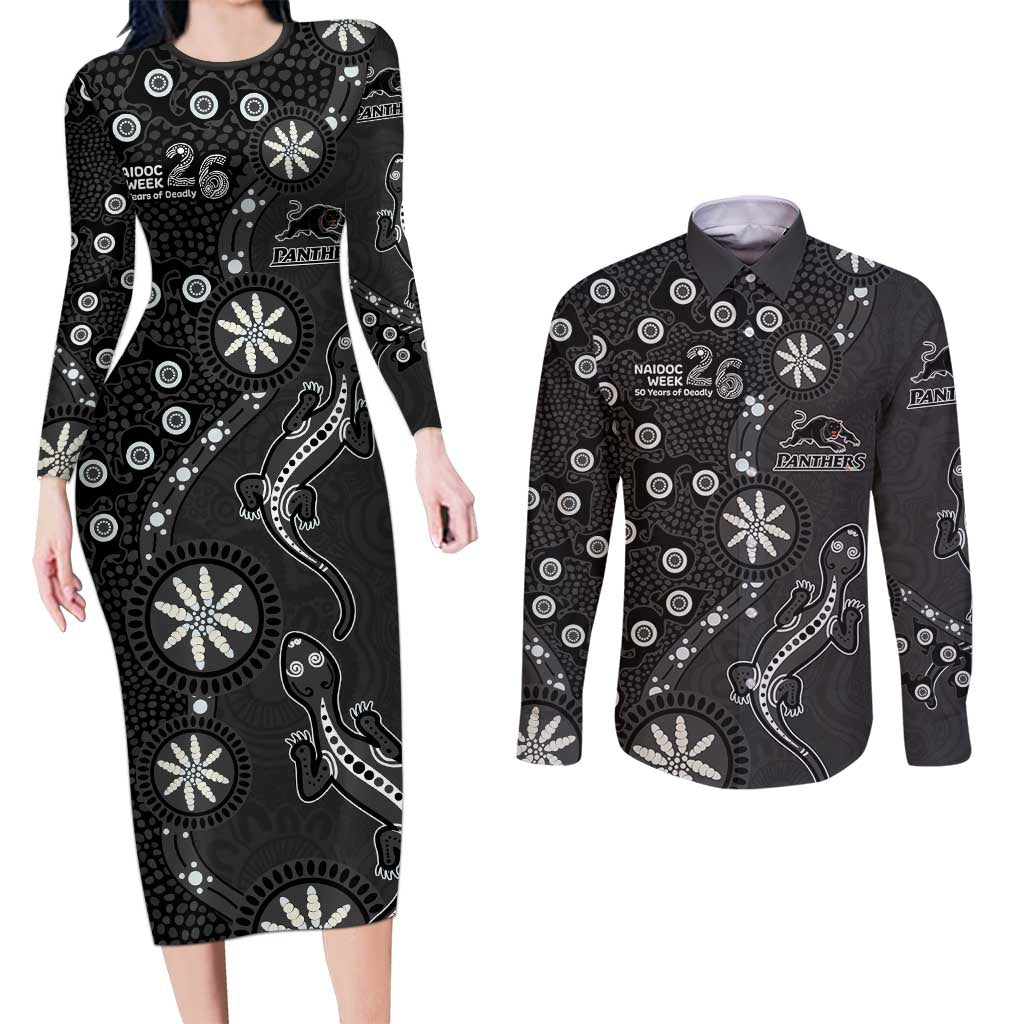 Penrith Panthers NAIDOC Week 2026 Couples Matching Long Sleeve Bodycon Dress and Long Sleeve Button Shirt Aboriginal Lizard Dot Painting - 50 Years of Deadly