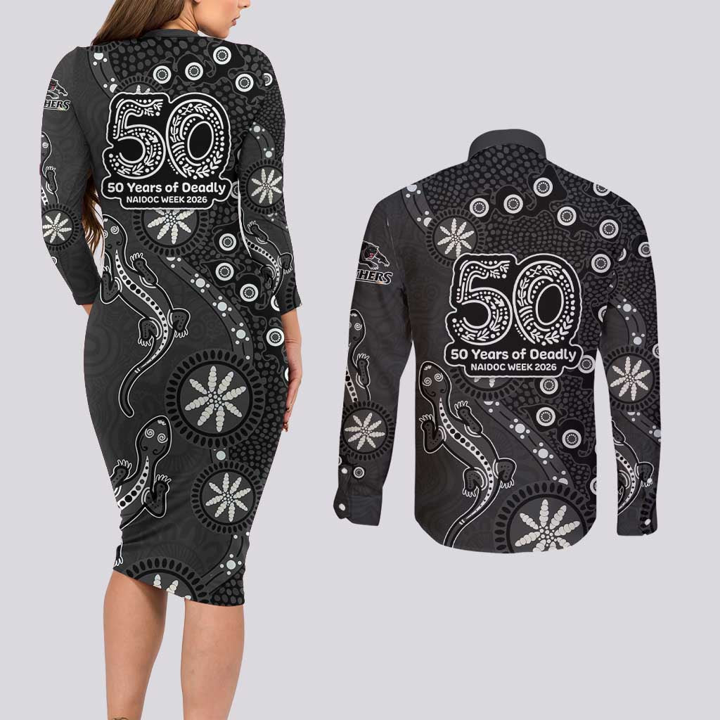 Penrith Panthers NAIDOC Week 2026 Couples Matching Long Sleeve Bodycon Dress and Long Sleeve Button Shirt Aboriginal Lizard Dot Painting - 50 Years of Deadly