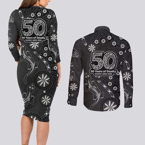 Penrith Panthers NAIDOC Week 2026 Couples Matching Long Sleeve Bodycon Dress and Long Sleeve Button Shirt Aboriginal Lizard Dot Painting - 50 Years of Deadly