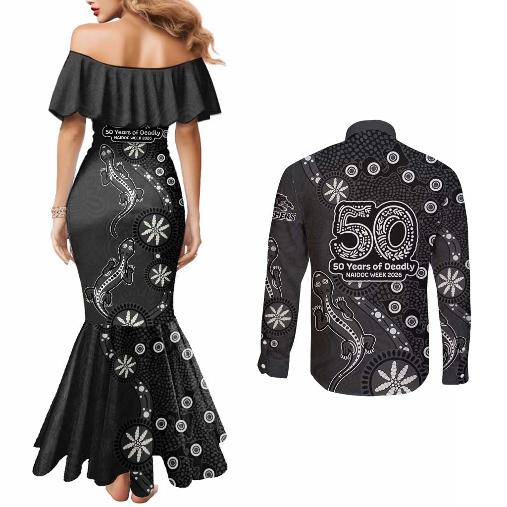 Penrith Panthers NAIDOC Week 2026 Couples Matching Mermaid Dress and Long Sleeve Button Shirt Aboriginal Lizard Dot Painting - 50 Years of Deadly