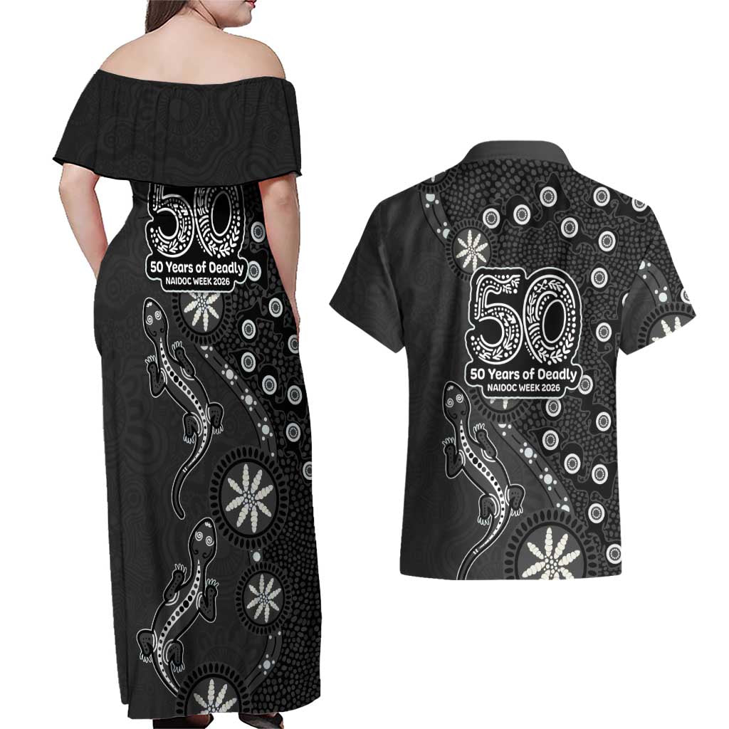 Penrith Panthers NAIDOC Week 2026 Couples Matching Off Shoulder Maxi Dress and Hawaiian Shirt Aboriginal Lizard Dot Painting - 50 Years of Deadly