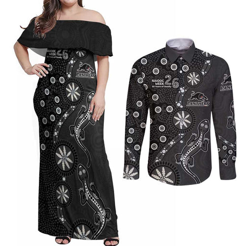 Penrith Panthers NAIDOC Week 2026 Couples Matching Off Shoulder Maxi Dress and Long Sleeve Button Shirt Aboriginal Lizard Dot Painting - 50 Years of Deadly