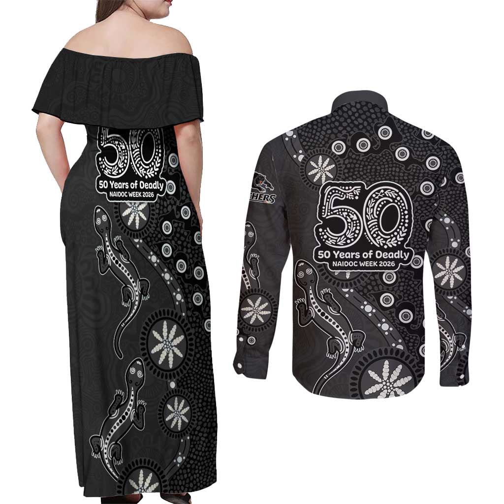 Penrith Panthers NAIDOC Week 2026 Couples Matching Off Shoulder Maxi Dress and Long Sleeve Button Shirt Aboriginal Lizard Dot Painting - 50 Years of Deadly