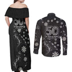 Penrith Panthers NAIDOC Week 2026 Couples Matching Off Shoulder Maxi Dress and Long Sleeve Button Shirt Aboriginal Lizard Dot Painting - 50 Years of Deadly
