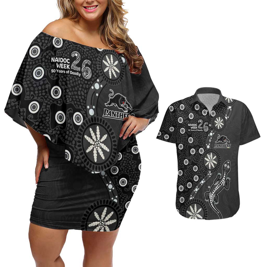 Penrith Panthers NAIDOC Week 2026 Couples Matching Off Shoulder Short Dress and Hawaiian Shirt Aboriginal Lizard Dot Painting - 50 Years of Deadly
