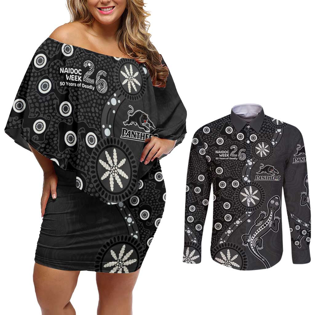 Penrith Panthers NAIDOC Week 2026 Couples Matching Off Shoulder Short Dress and Long Sleeve Button Shirt Aboriginal Lizard Dot Painting - 50 Years of Deadly