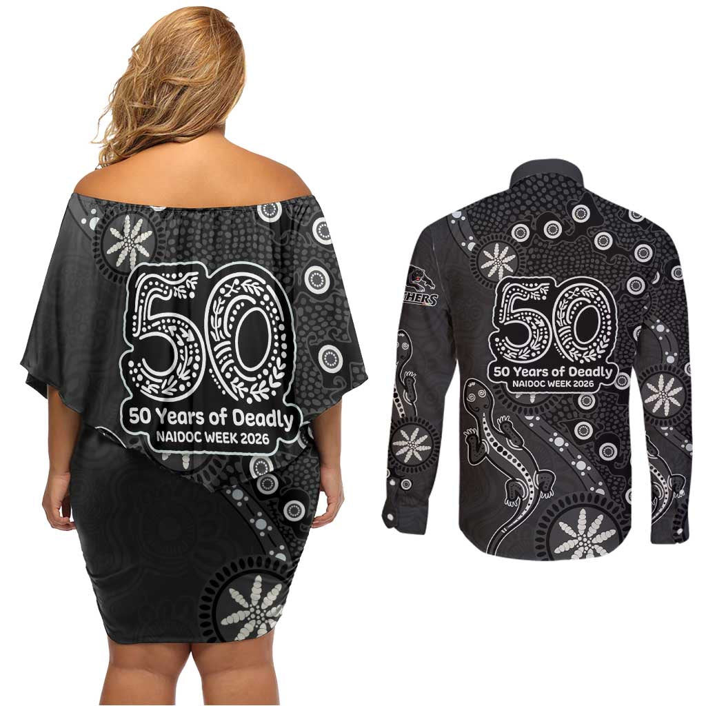 Penrith Panthers NAIDOC Week 2026 Couples Matching Off Shoulder Short Dress and Long Sleeve Button Shirt Aboriginal Lizard Dot Painting - 50 Years of Deadly