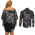 Penrith Panthers NAIDOC Week 2026 Couples Matching Off Shoulder Short Dress and Long Sleeve Button Shirt Aboriginal Lizard Dot Painting - 50 Years of Deadly