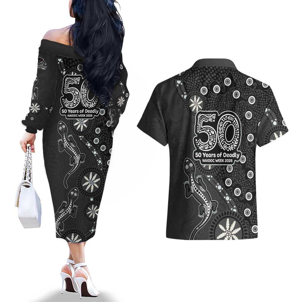 Penrith Panthers NAIDOC Week 2026 Couples Matching Off The Shoulder Long Sleeve Dress and Hawaiian Shirt Aboriginal Lizard Dot Painting - 50 Years of Deadly