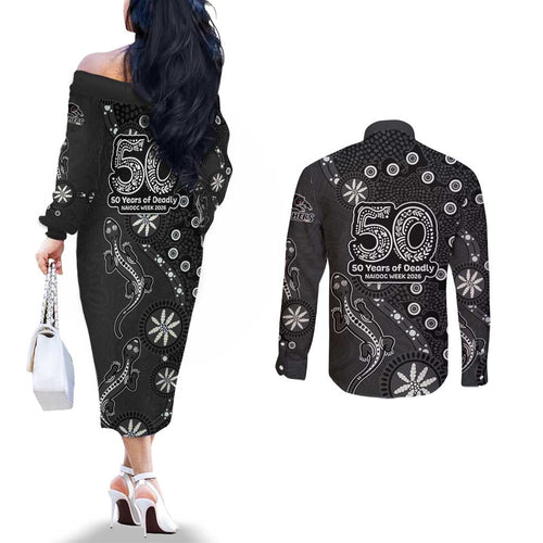 Penrith Panthers NAIDOC Week 2026 Couples Matching Off The Shoulder Long Sleeve Dress and Long Sleeve Button Shirt Aboriginal Lizard Dot Painting - 50 Years of Deadly