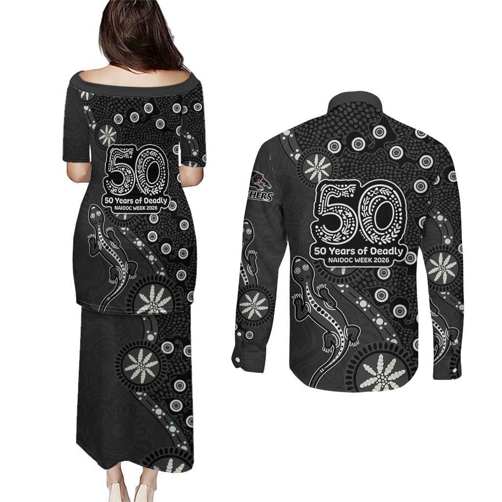 Penrith Panthers NAIDOC Week 2026 Couples Matching Puletasi and Long Sleeve Button Shirt Aboriginal Lizard Dot Painting - 50 Years of Deadly