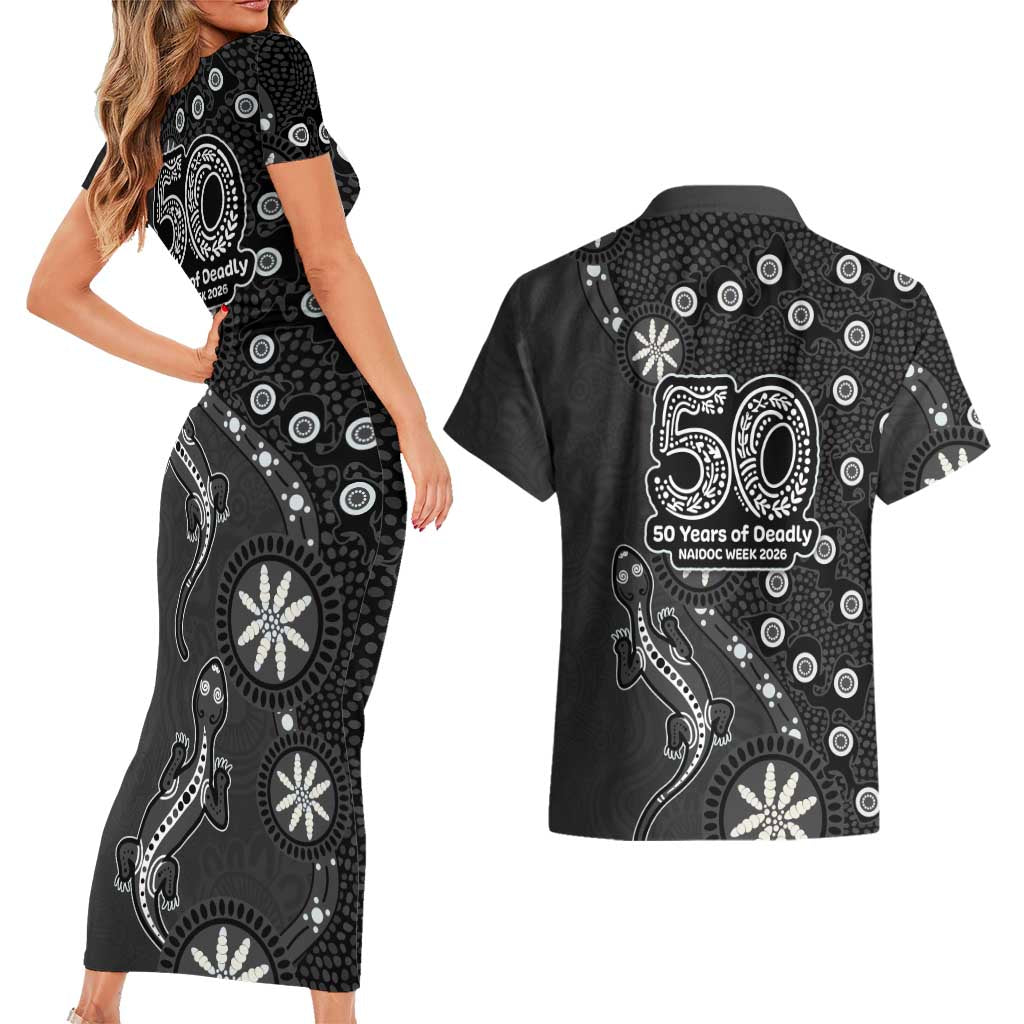 Penrith Panthers NAIDOC Week 2026 Couples Matching Short Sleeve Bodycon Dress and Hawaiian Shirt Aboriginal Lizard Dot Painting - 50 Years of Deadly
