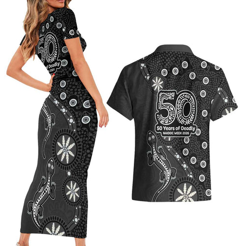 Penrith Panthers NAIDOC Week 2026 Couples Matching Short Sleeve Bodycon Dress and Hawaiian Shirt Aboriginal Lizard Dot Painting - 50 Years of Deadly