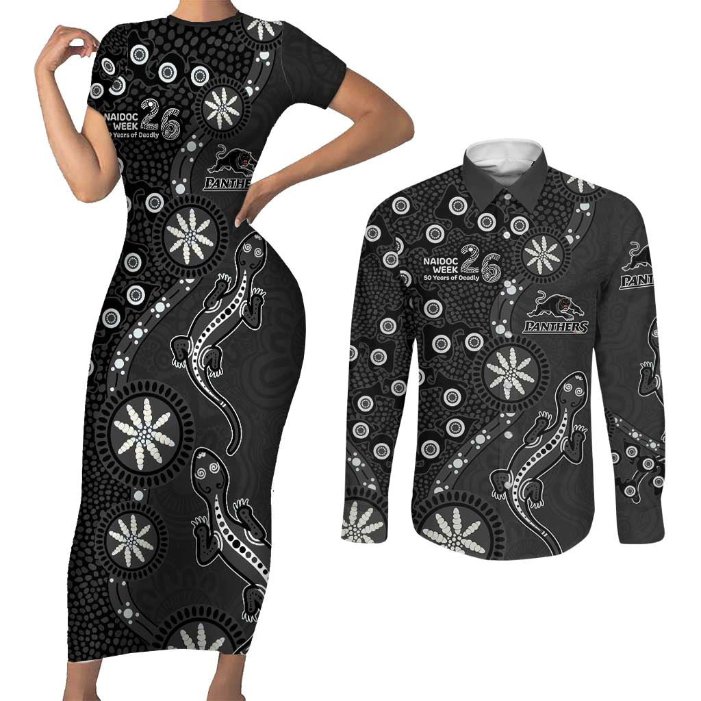 Penrith Panthers NAIDOC Week 2026 Couples Matching Short Sleeve Bodycon Dress and Long Sleeve Button Shirt Aboriginal Lizard Dot Painting - 50 Years of Deadly