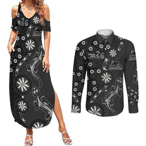 Penrith Panthers NAIDOC Week 2026 Couples Matching Summer Maxi Dress and Long Sleeve Button Shirt Aboriginal Lizard Dot Painting - 50 Years of Deadly