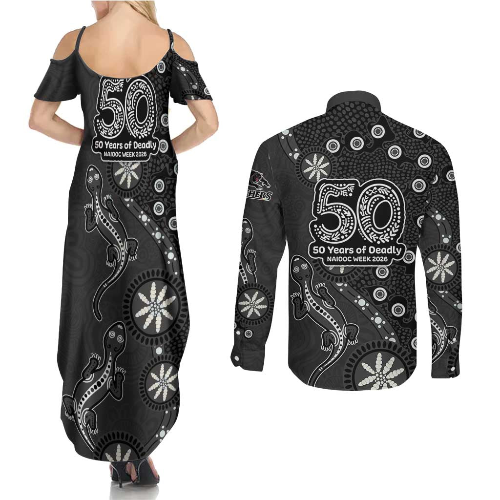 Penrith Panthers NAIDOC Week 2026 Couples Matching Summer Maxi Dress and Long Sleeve Button Shirt Aboriginal Lizard Dot Painting - 50 Years of Deadly