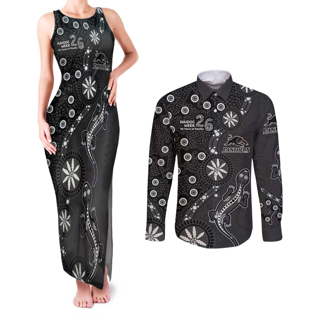 Penrith Panthers NAIDOC Week 2026 Couples Matching Tank Maxi Dress and Long Sleeve Button Shirt Aboriginal Lizard Dot Painting - 50 Years of Deadly