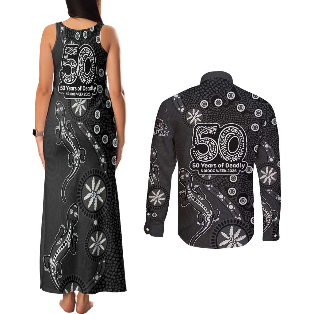 Penrith Panthers NAIDOC Week 2026 Couples Matching Tank Maxi Dress and Long Sleeve Button Shirt Aboriginal Lizard Dot Painting - 50 Years of Deadly